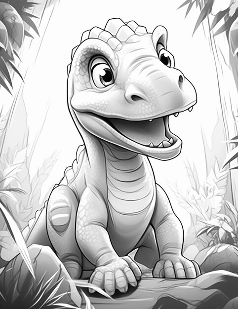 a close up of a cartoon dinosaur sitting in a jungle generative ai