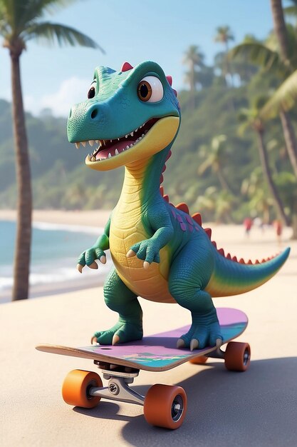 Foto un primo piano di un dinosauro dei cartoni animati su uno skateboard su una spiaggia generativa ai