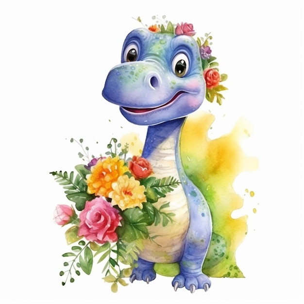 A close up of a cartoon dinosaur with flowers on its head generative ai