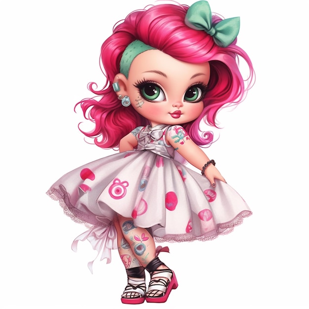 A close up of a cartoon doll with pink hair and a dress generative ai