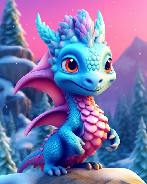 A close up of a cartoon dragon on a rock in the snow generative ai