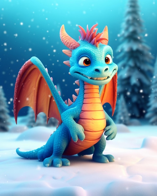 A close up of a cartoon dragon with a snowy background generative ai