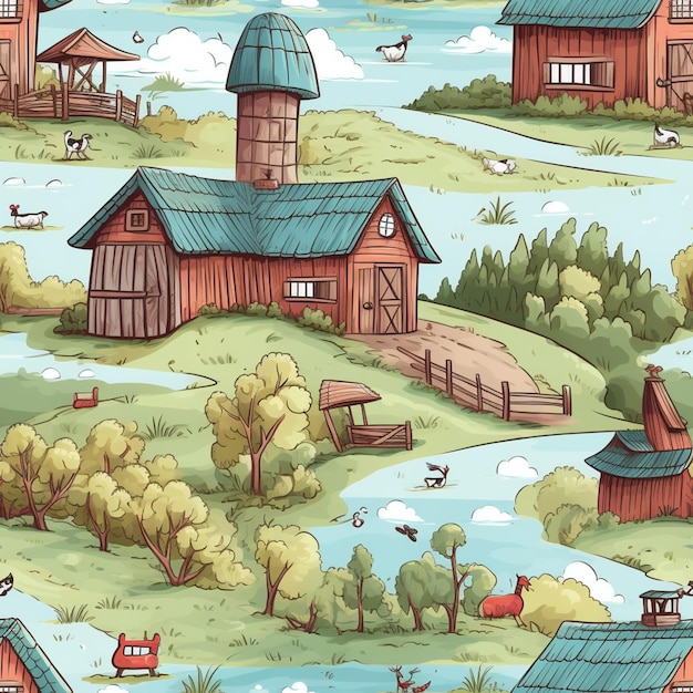 a close up of a cartoon farm with a pond and a barn generative ai