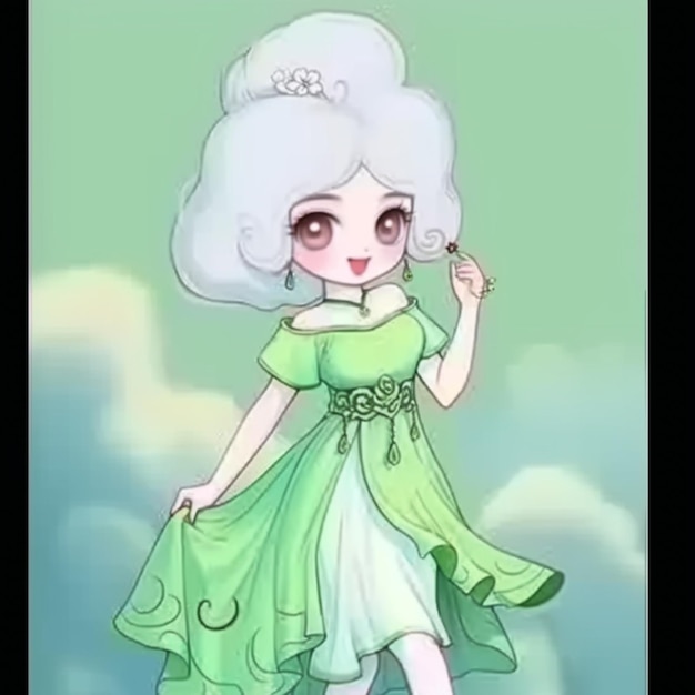 초록색 드레스를 입은 만화 소녀의 클로즈업