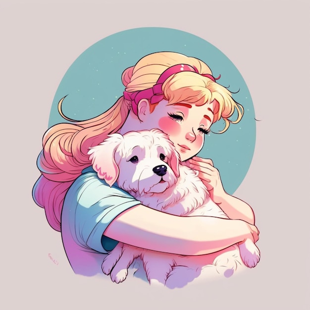 Photo a close up of a cartoon girl hugging a white dog generative ai