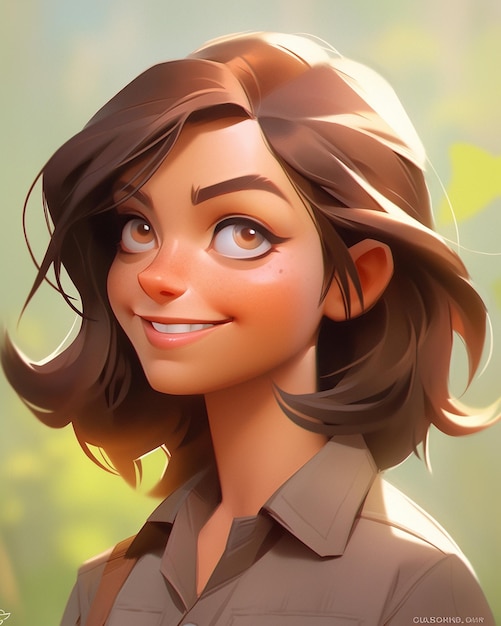 A close up of a cartoon girl with a brown shirt generative ai