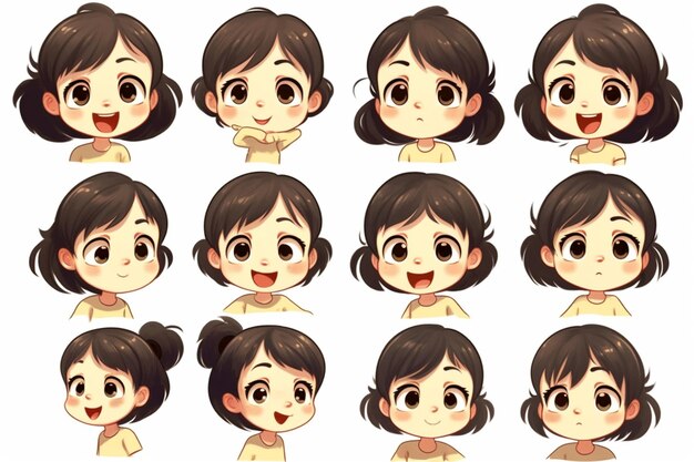 Photo a close up of a cartoon girl with different facial expressions generative ai