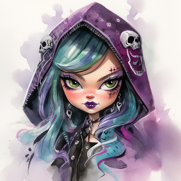 a close up of a cartoon girl with a hoodie and skull makeup generative ai