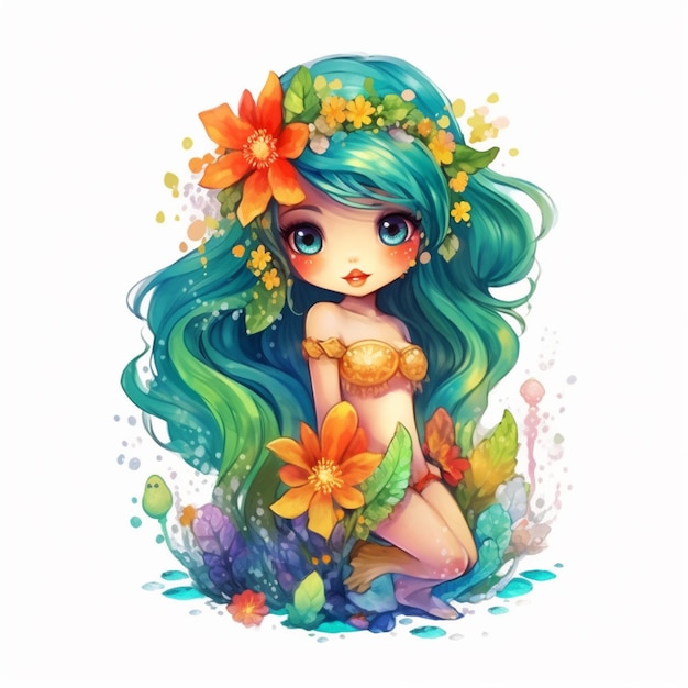 a close up of a cartoon girl with long blue hair and flowers generative ai