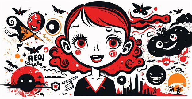 ハロウィーンアイテムの集団と赤いの漫画の女の子のクローズアップ