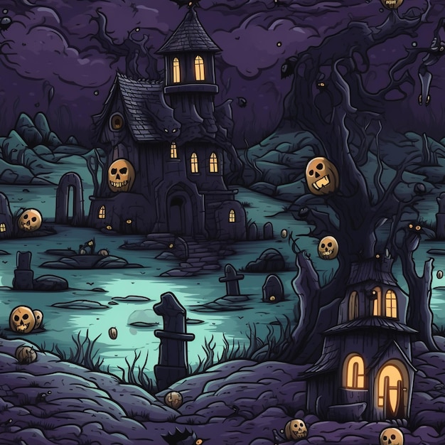 a close up of a cartoon halloween scene with a creepy house generative ai