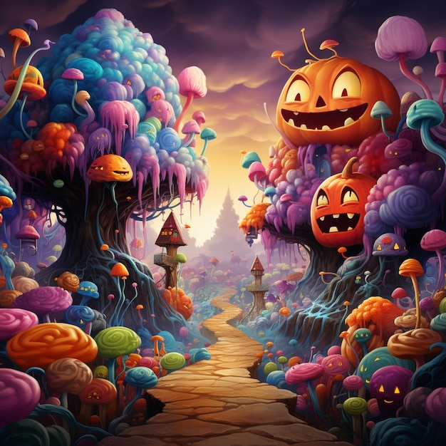 A close up of a cartoon halloween scene with pumpkins and candy generative ai