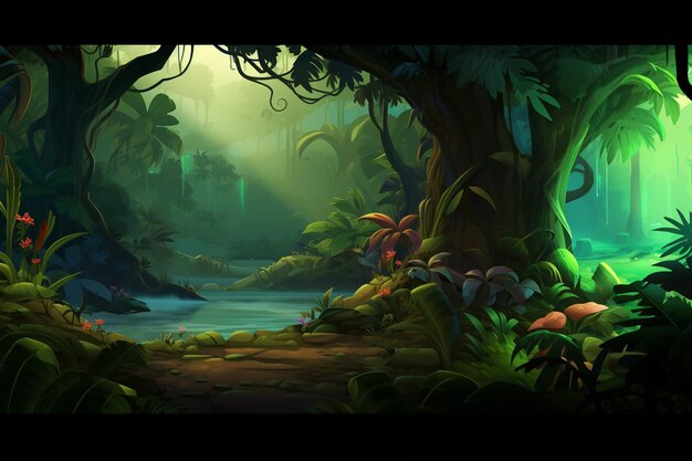 a close up of a cartoon jungle with a river and trees generative ai