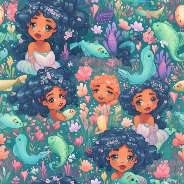 a close up of a cartoon mermaid surrounded by various sea creatures generative ai