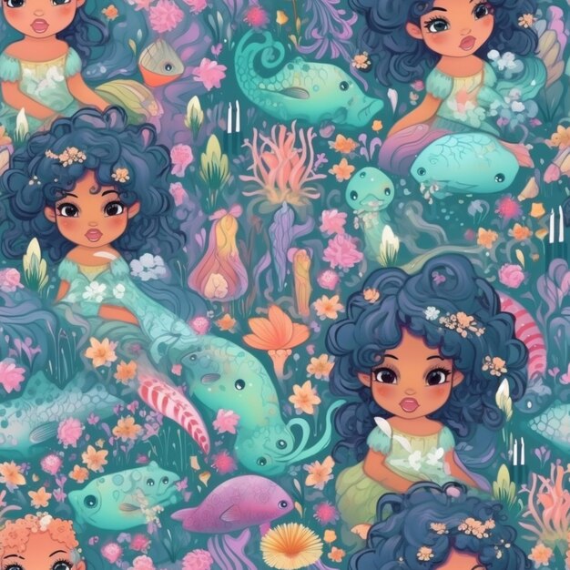 Photo a close up of a cartoon mermaid with various sea creatures generative ai