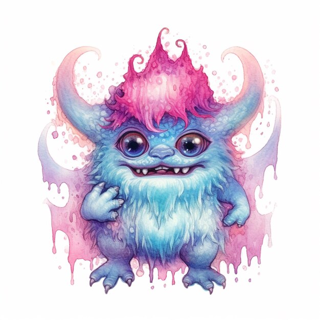 A close up of a cartoon monster with a pink and blue hair generative ai