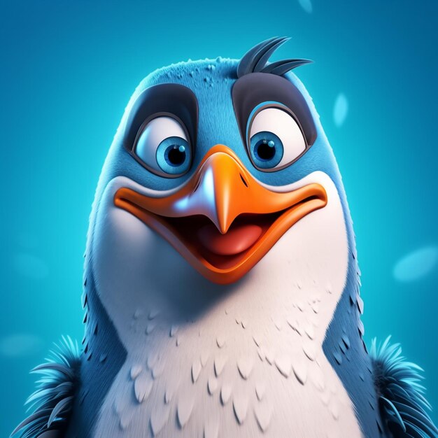 A close up of a cartoon penguin with a blue background generative ai
