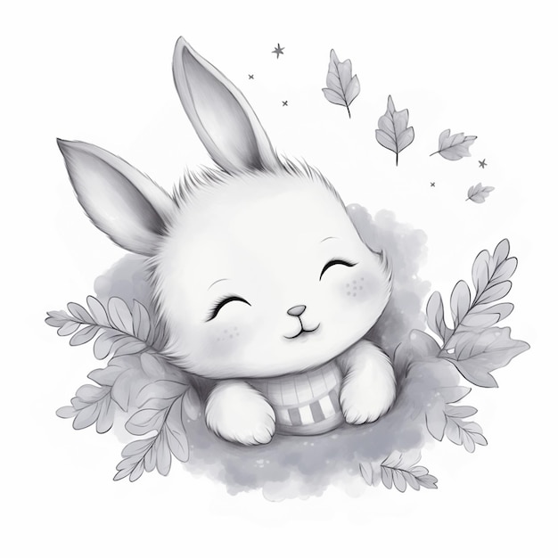 Photo a close up of a cartoon rabbit laying on a bed of leaves generative ai