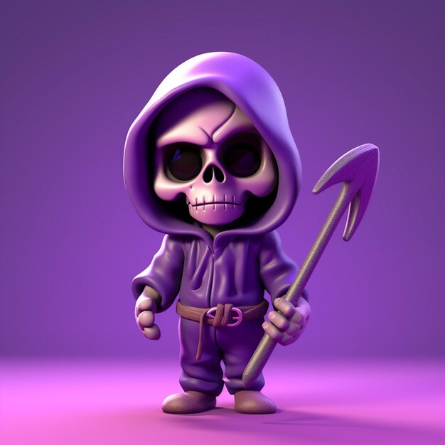 a close up of a cartoon skeleton with a scyther in a purple hoodie generative ai