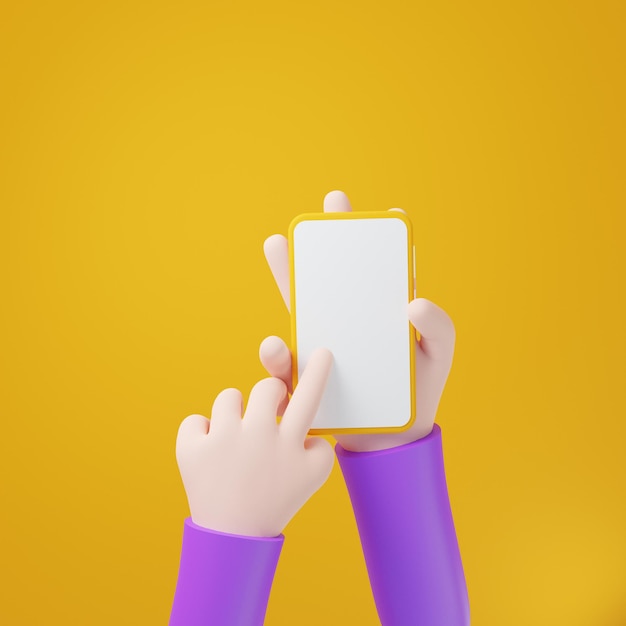 Close up cartoon style hand holding a smartphone with touch screen blank or white for advertising, yellow background 3d rendering