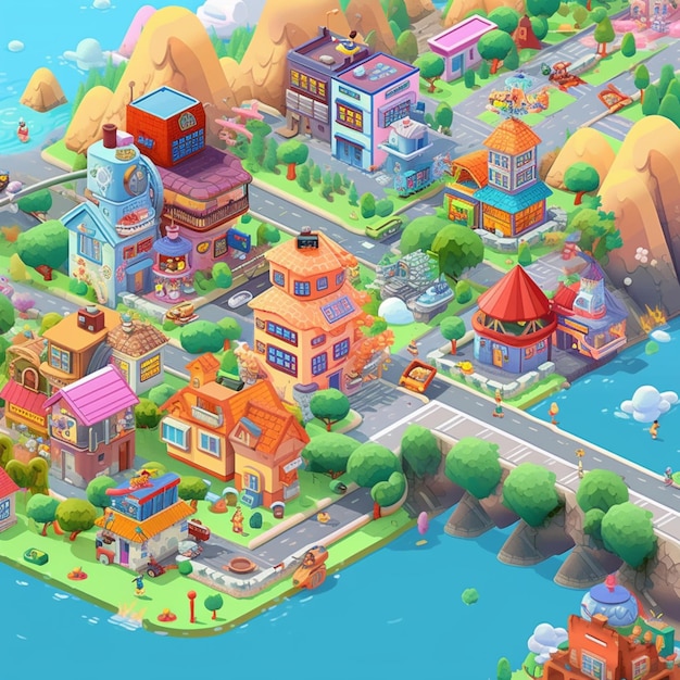 Photo a close up of a cartoon town with a river and a bridge generative ai