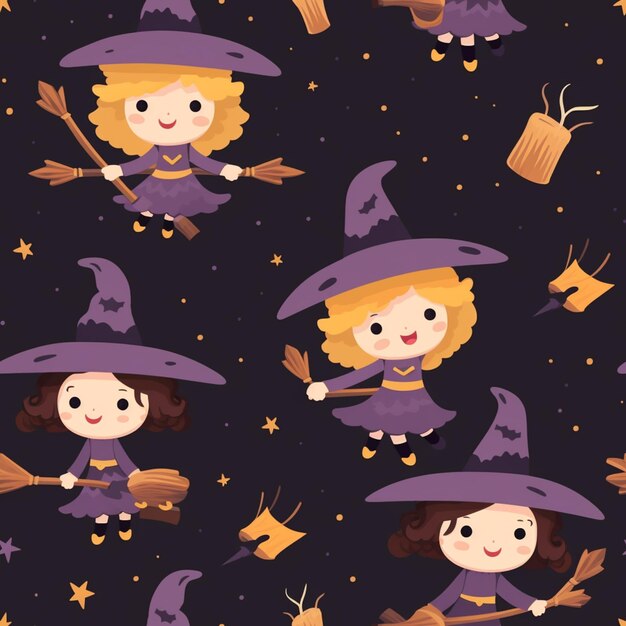 A close up of a cartoon witch with a broom and a hat generative ai