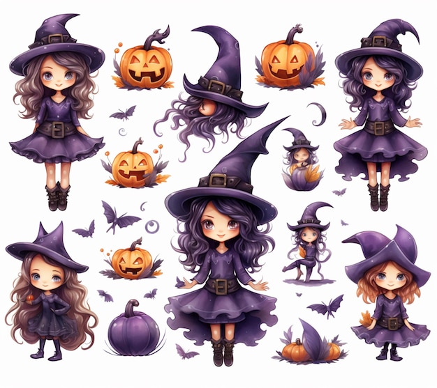 a close up of a cartoon witch with various poses generative ai