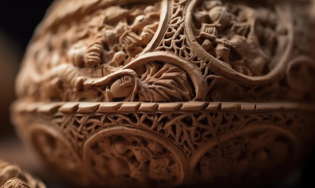 A close up of a carved bowl with a bird on it