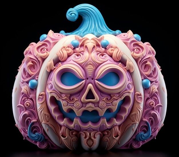 a close up of a carved pumpkin with a blue and pink top generative ai