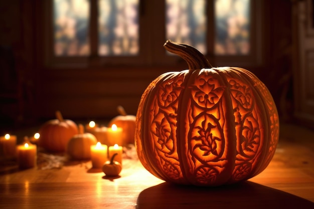 Close up of a carved pumpkin with a soft warm light emanating from within Generative AI