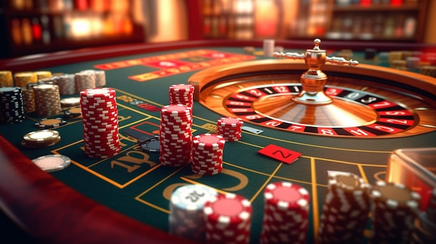 A close up of a casino table with a roule and dice generative ai