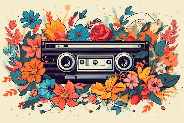 A close up of a cassette player surrounded by flowers and leaves generative ai