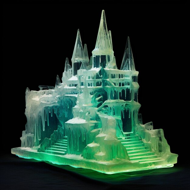 Photo a close up of a castle made of ice on a table generative ai