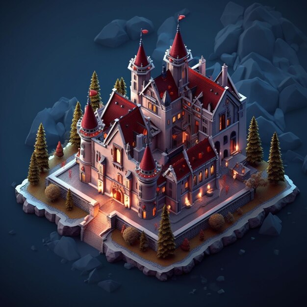 A close up of a castle with a lot of trees on it generative ai