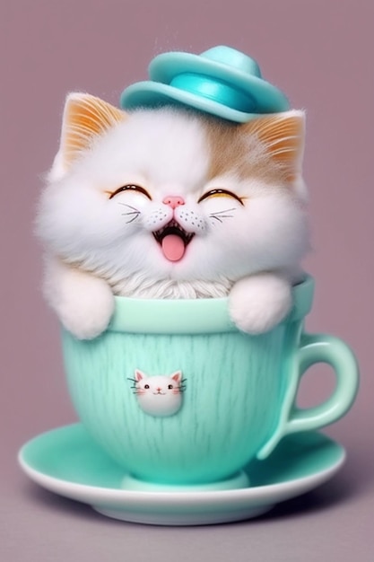 Close up of a cat in a cup on a saucer generative ai