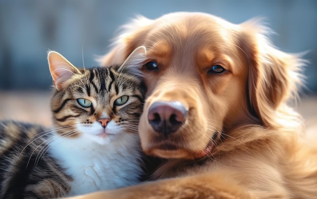 猫と犬が一緒に横たわっている動物の友情を閉じる