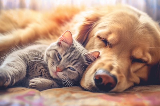 Close up cat and dog together lying Generative AI