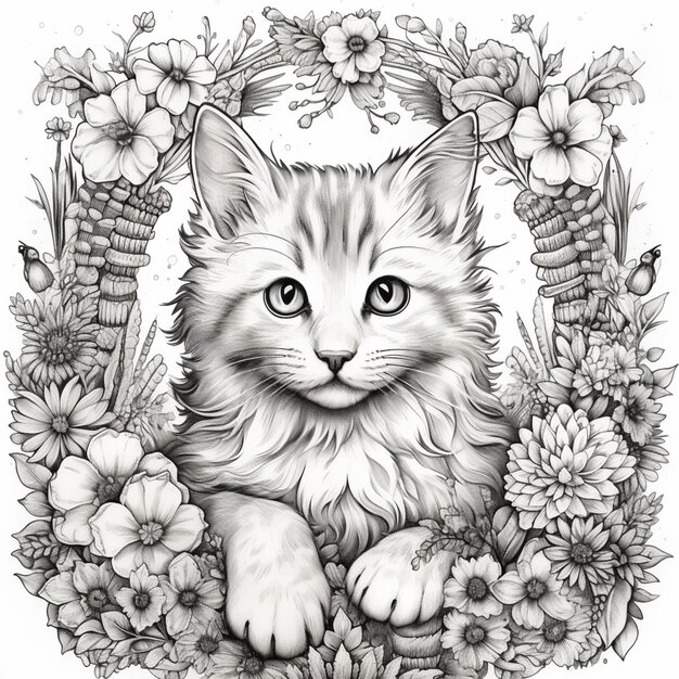 a close up of a cat in a flower frame with flowers generative ai