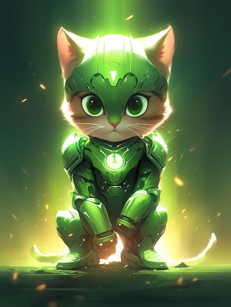 a close up of a cat in a green suit with a glowing halo generative ai