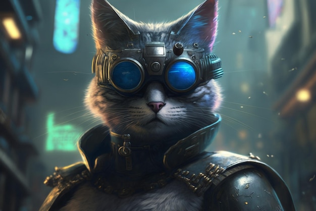 A close up of cat in helmet and goggles generative ai