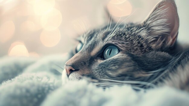 A close up of a cat laying on top of some blankets ai