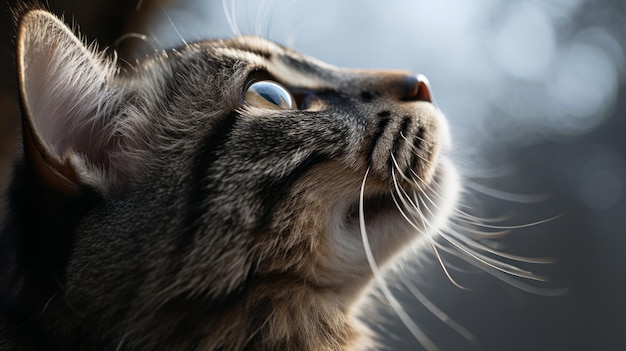 A close up of a cat looking up at something