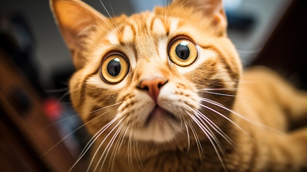 Close up of cat looking up with surprised look on