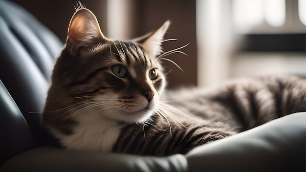 Photo close up of a cat lying on a sofa in the living room