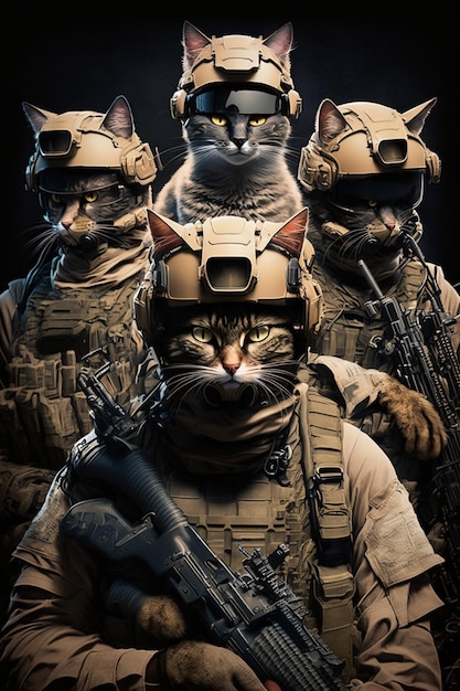 Close up of cat in military uniform with gun generative ai