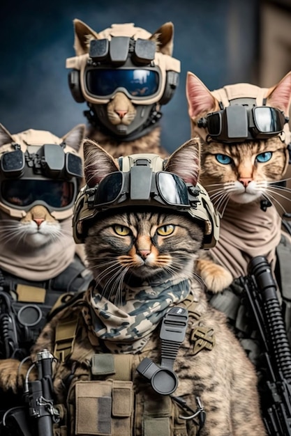 A close up of cat in military uniform with helmet on generative ai