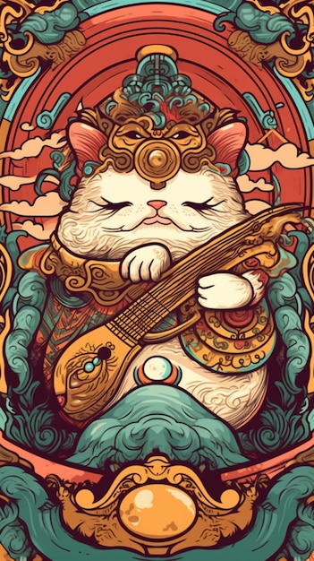 a close up of a cat playing a guitar in a frame generative ai