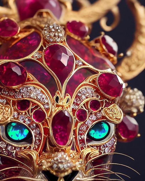 A close up of a cat's face with gemstones and a gold frame.