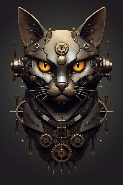 A close up of a cat's head with gears on it Generative AI image