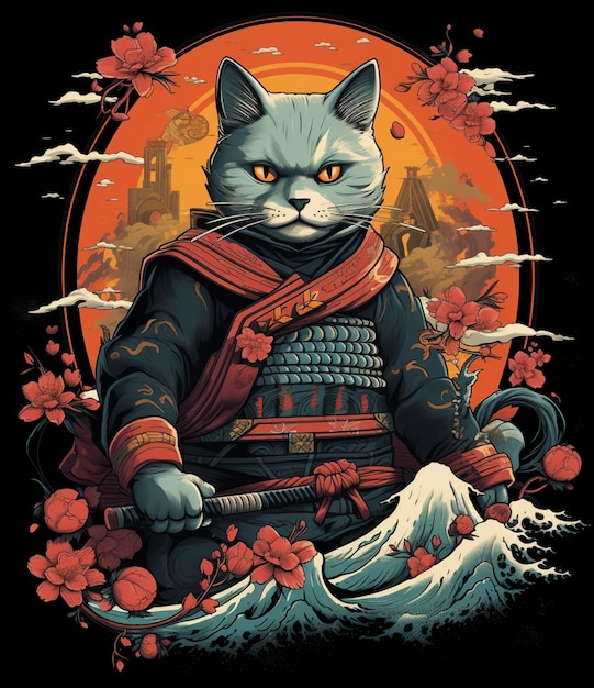 a close up of a cat in a samurai outfit with a sword generative ai